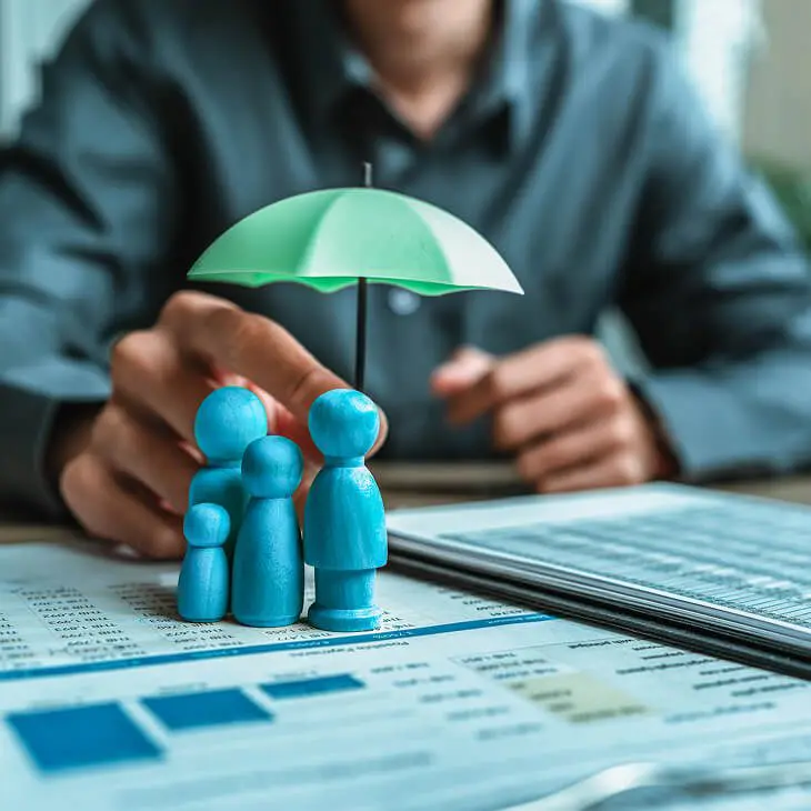 Toy family figures under umbrella on documents