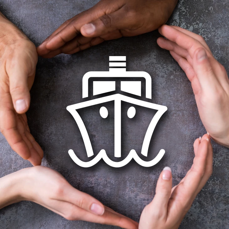 Diverse hands encircling a boat symbol
