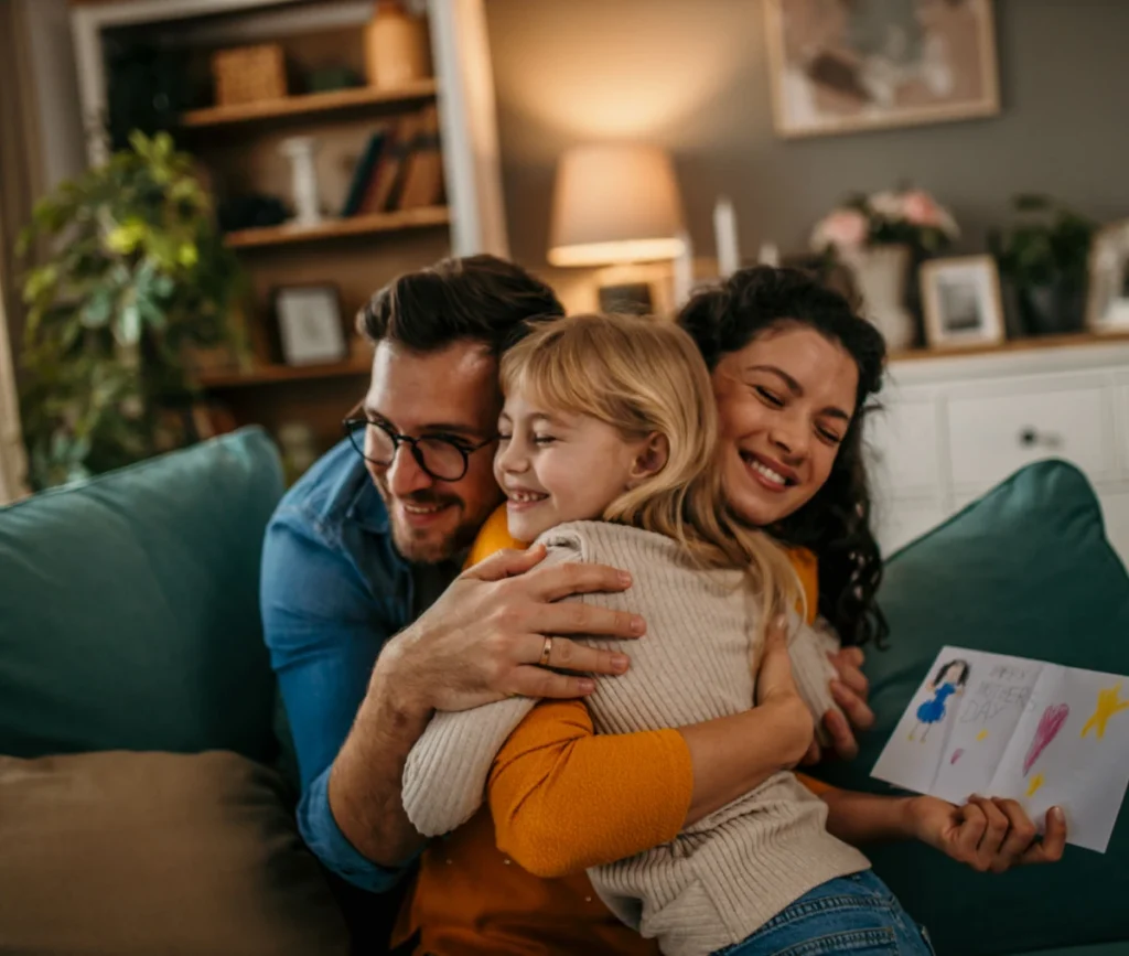 Parents embracing child with drawing