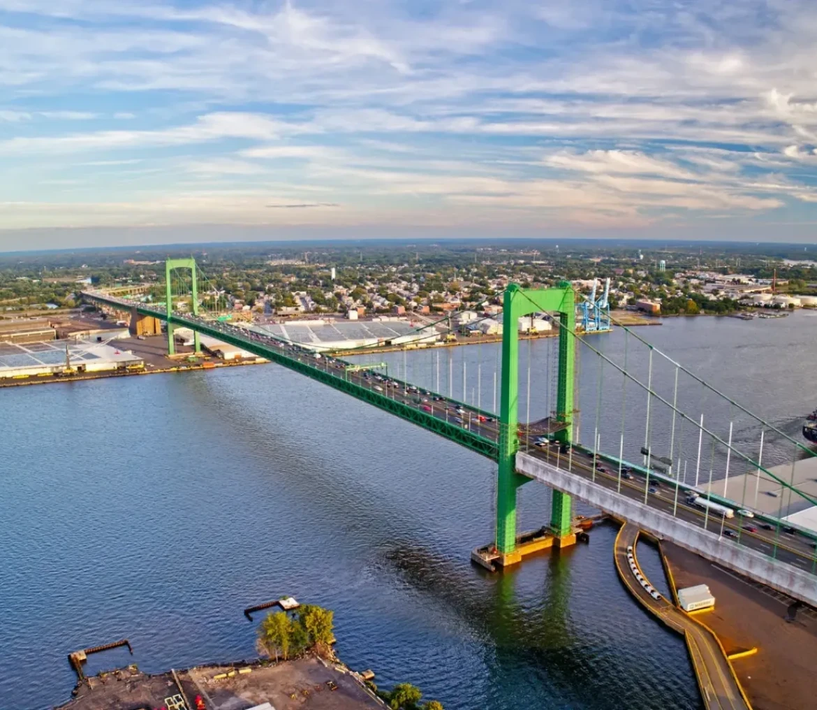 Aerial view of green bridge